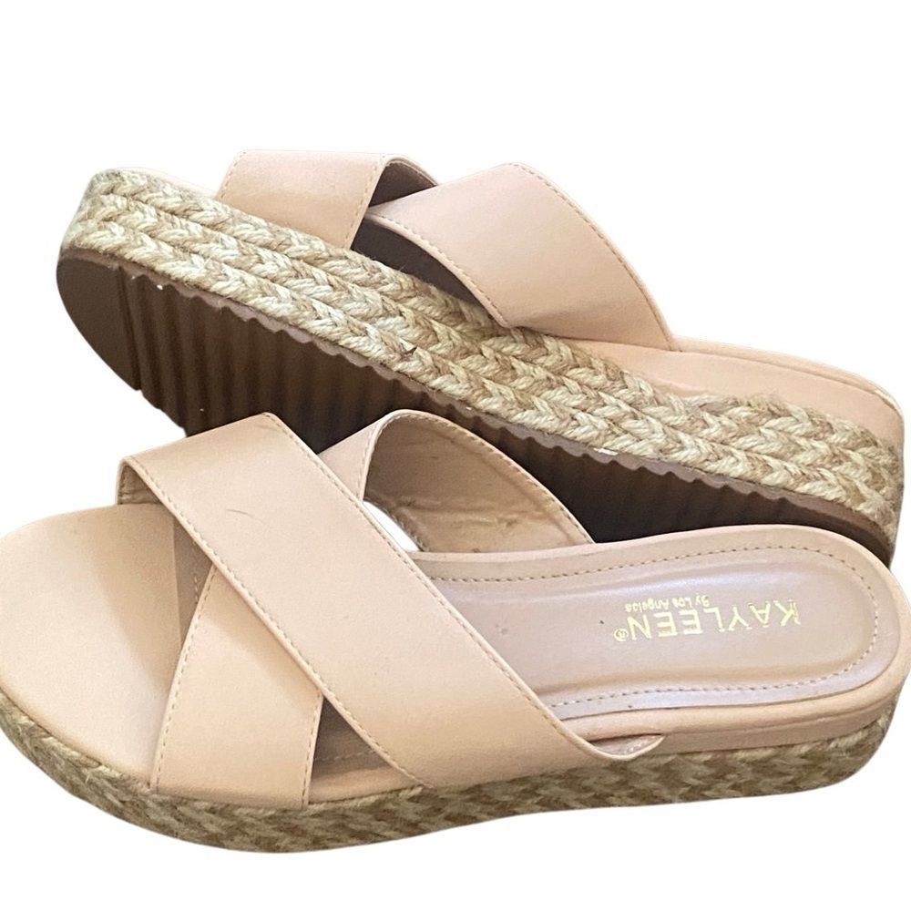Kayleen Beige Crisscross Wedge Sandals. Size 9.